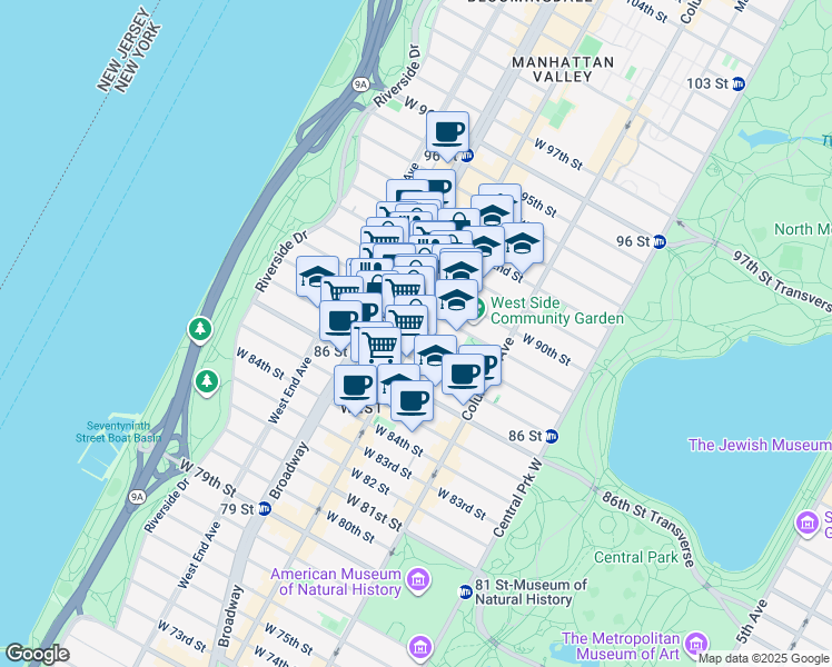 map of restaurants, bars, coffee shops, grocery stores, and more near Amsterdam Ave & W 88th St in New York