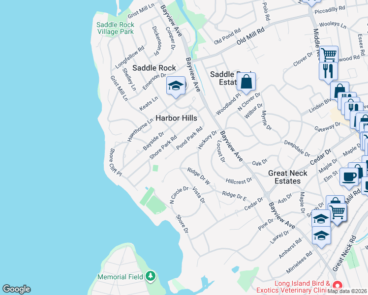 map of restaurants, bars, coffee shops, grocery stores, and more near 14 Pond Park Road in Great Neck