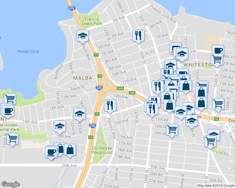map of restaurants, bars, coffee shops, grocery stores, and more near 146-01 13th Avenue in Queens
