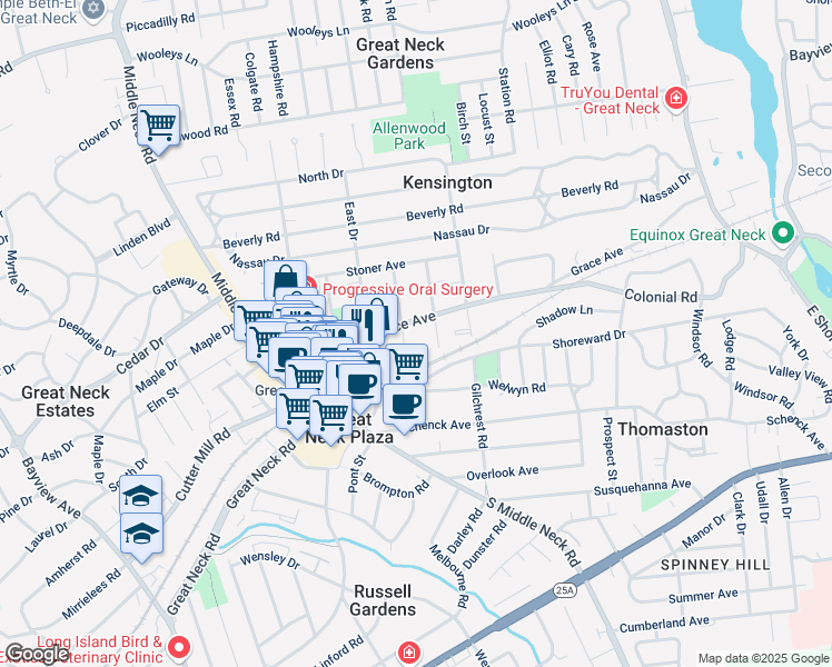 map of restaurants, bars, coffee shops, grocery stores, and more near 21 Canterbury Road in Great Neck