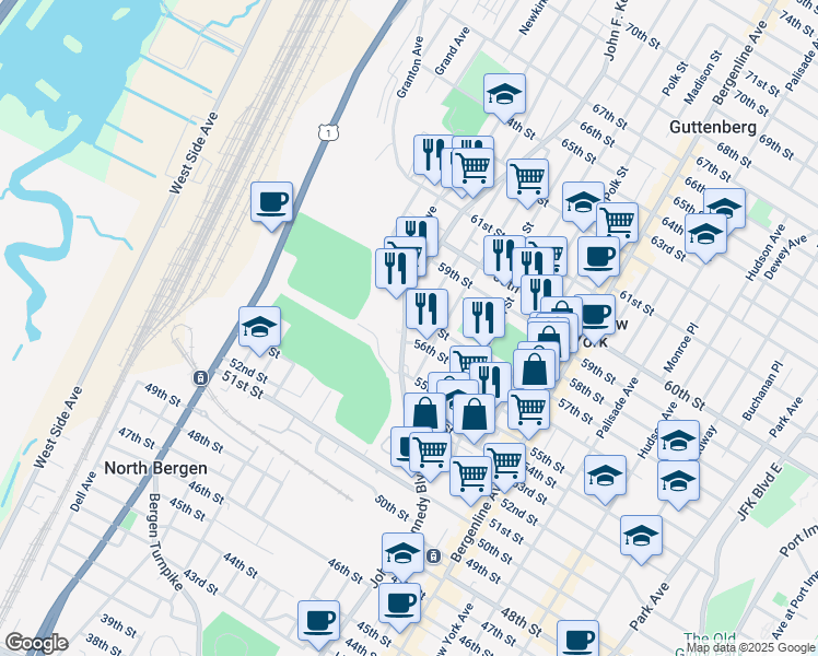 map of restaurants, bars, coffee shops, grocery stores, and more near in Hudson County