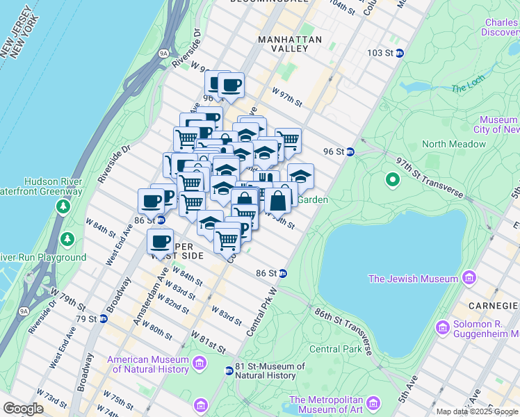 map of restaurants, bars, coffee shops, grocery stores, and more near 99 West 90th Street in New York