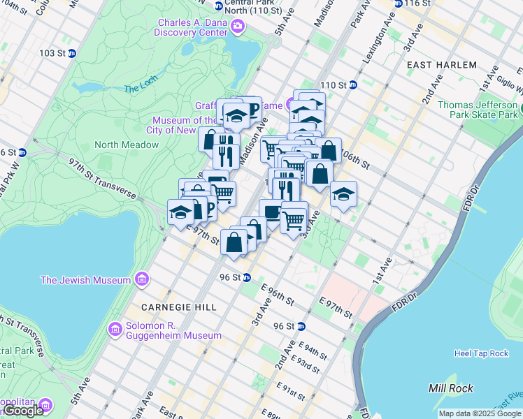 map of restaurants, bars, coffee shops, grocery stores, and more near 109 East 100th Street in New York