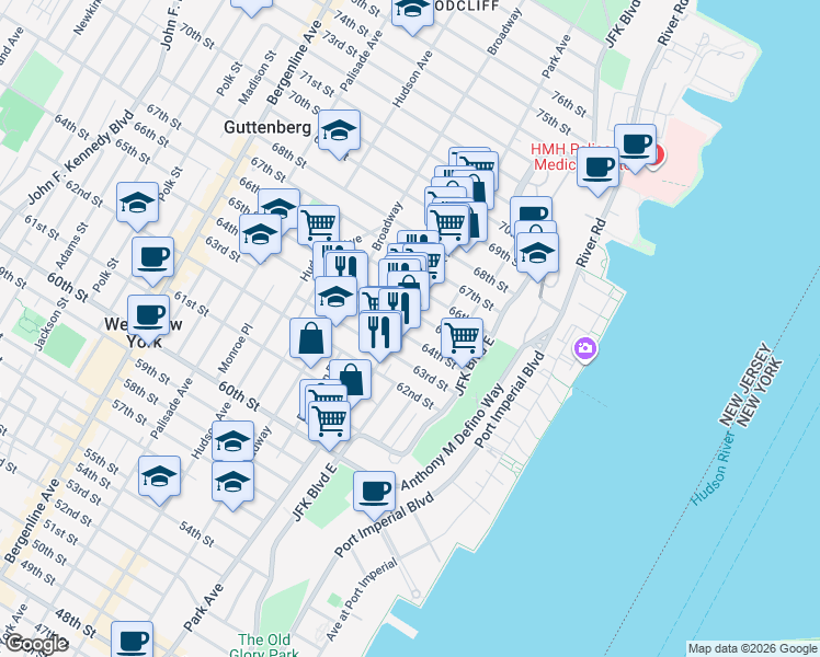 map of restaurants, bars, coffee shops, grocery stores, and more near 6409 Park Avenue in West New York