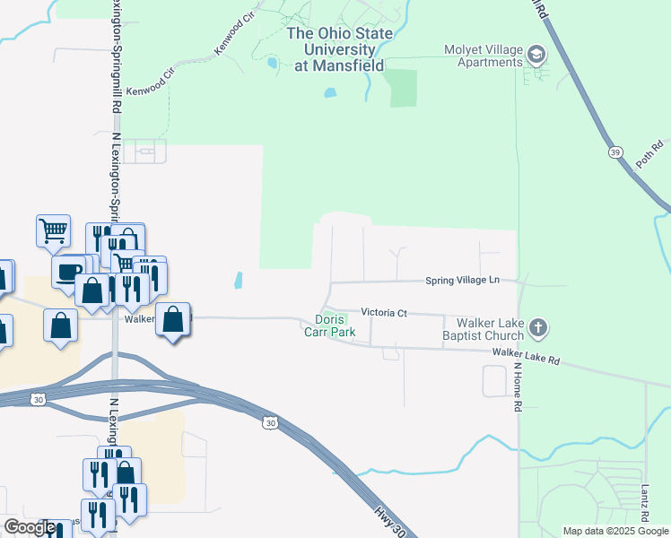 map of restaurants, bars, coffee shops, grocery stores, and more near 1352 Spring Village Drive in Ontario