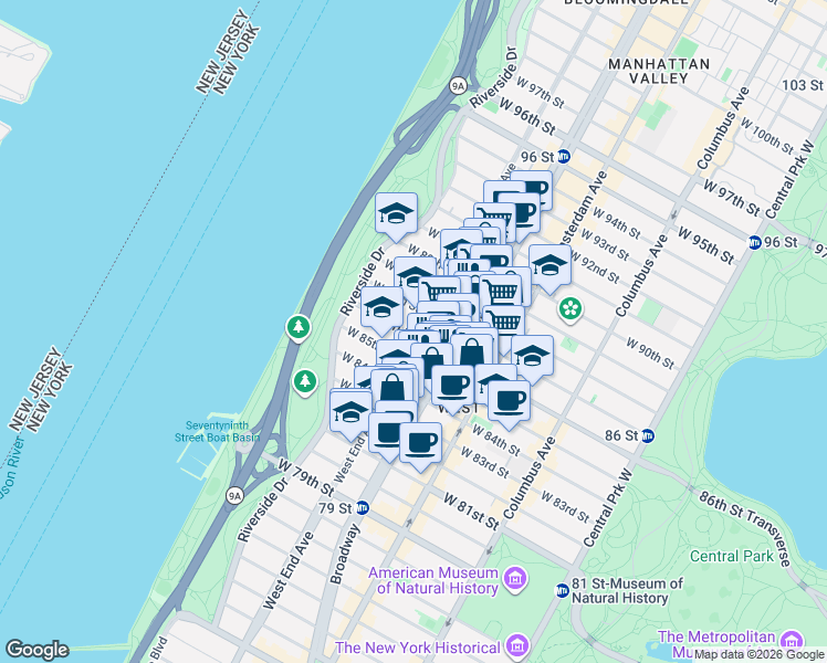 map of restaurants, bars, coffee shops, grocery stores, and more near 313 West 86th Street in New York