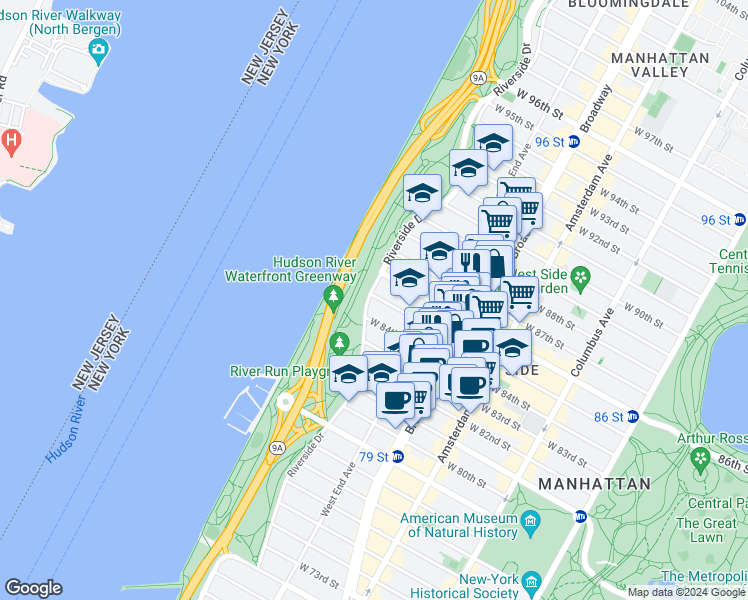 map of restaurants, bars, coffee shops, grocery stores, and more near 127 Riverside Drive in New York