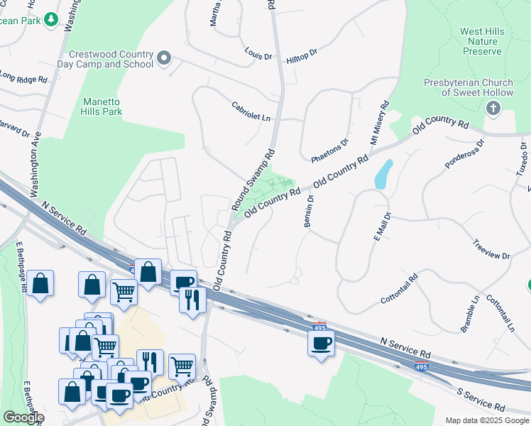 map of restaurants, bars, coffee shops, grocery stores, and more near 2 Old Bridge Court in Melville