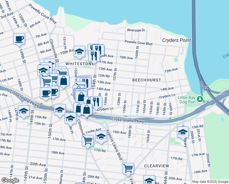 map of restaurants, bars, coffee shops, grocery stores, and more near 14-01 157th Street in Queens