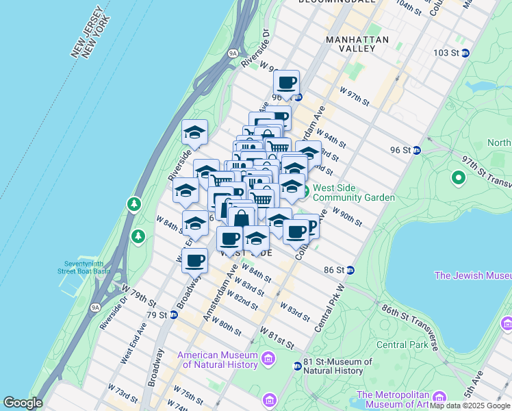 map of restaurants, bars, coffee shops, grocery stores, and more near 204 West 88th Street in New York