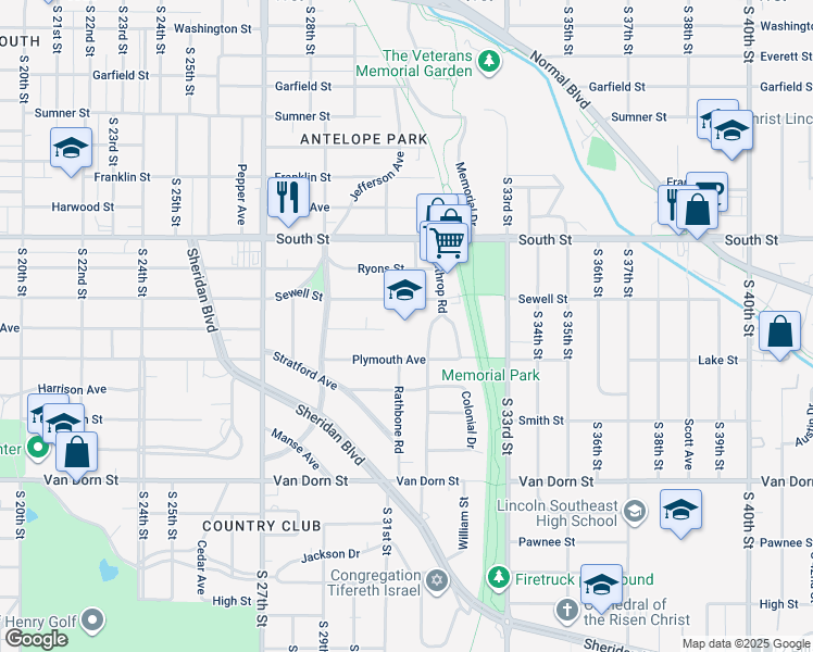 map of restaurants, bars, coffee shops, grocery stores, and more near 3100 Plymouth Avenue in Lincoln