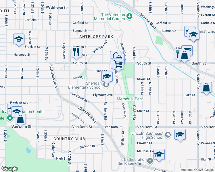 map of restaurants, bars, coffee shops, grocery stores, and more near 3100 Plymouth Avenue in Lincoln