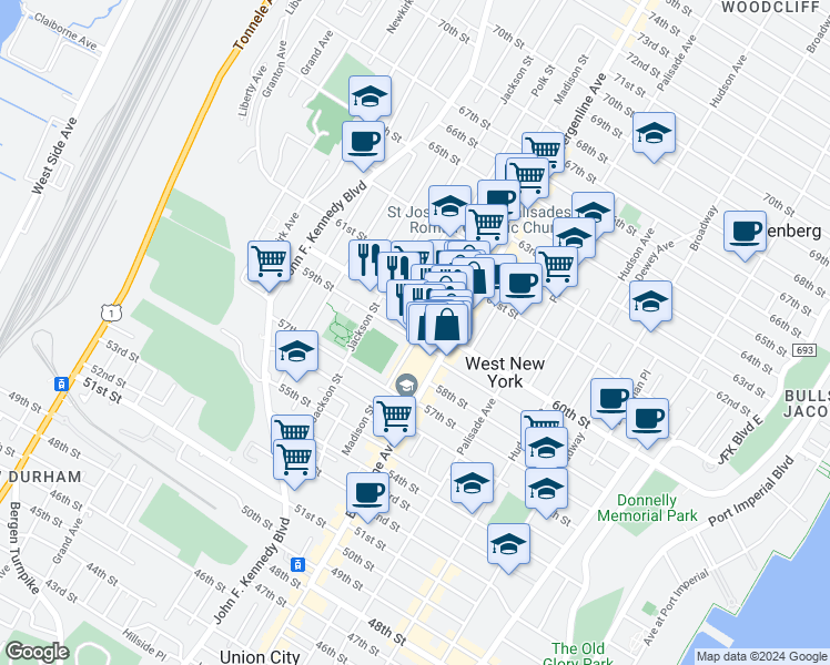 map of restaurants, bars, coffee shops, grocery stores, and more near 6000 Madison Street in West New York