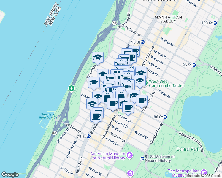 map of restaurants, bars, coffee shops, grocery stores, and more near 252 West 87th Street in New York