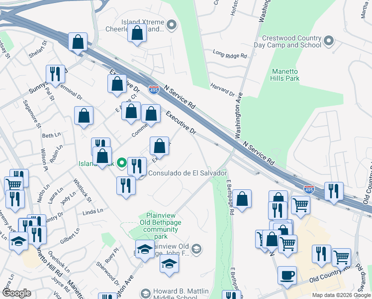 map of restaurants, bars, coffee shops, grocery stores, and more near 62 Ridge Drive in Plainview