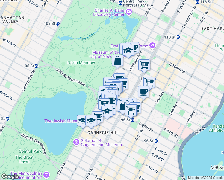 map of restaurants, bars, coffee shops, grocery stores, and more near 5 East 98th Street in New York