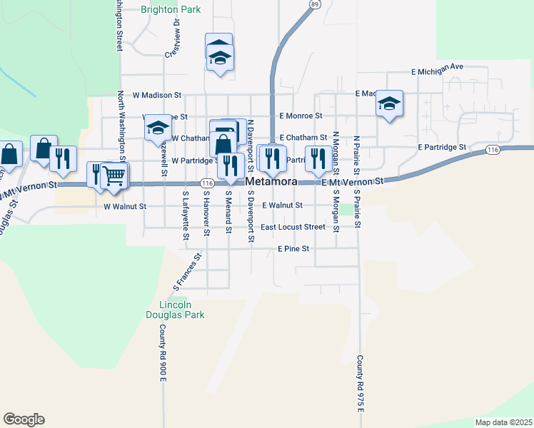 map of restaurants, bars, coffee shops, grocery stores, and more near 216-298 East Walnut Street in Metamora