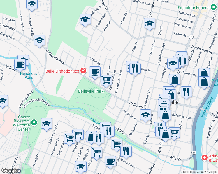 map of restaurants, bars, coffee shops, grocery stores, and more near 27 Cedar Hill Avenue in Belleville