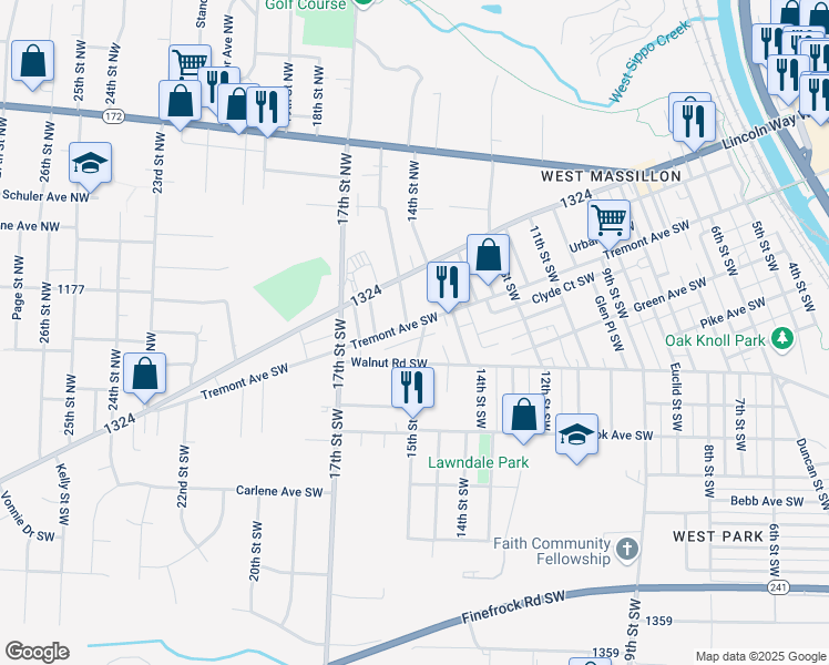 map of restaurants, bars, coffee shops, grocery stores, and more near 1440 Tremont Avenue Southwest in Massillon