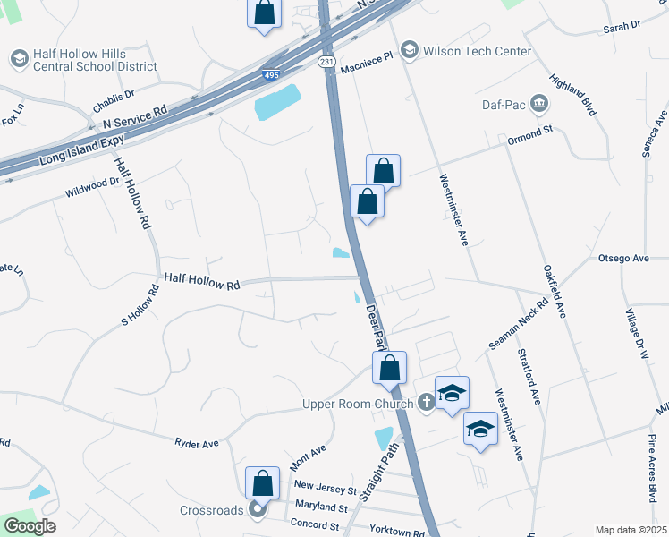 map of restaurants, bars, coffee shops, grocery stores, and more near 3 Vanderbilt Court in Dix Hills