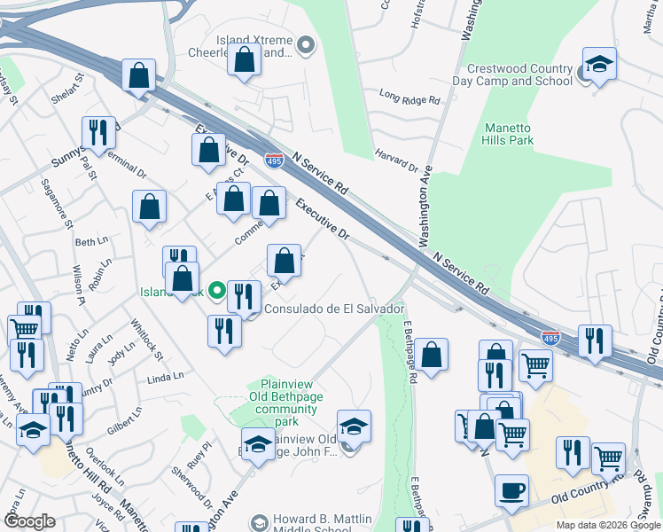 map of restaurants, bars, coffee shops, grocery stores, and more near 62 Ridge Drive in Plainview