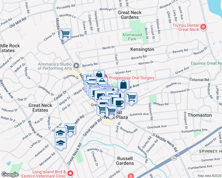 map of restaurants, bars, coffee shops, grocery stores, and more near 14 Park Place in Great Neck Plaza