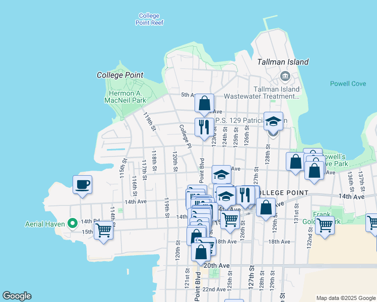 map of restaurants, bars, coffee shops, grocery stores, and more near 8-21 College Place in Queens