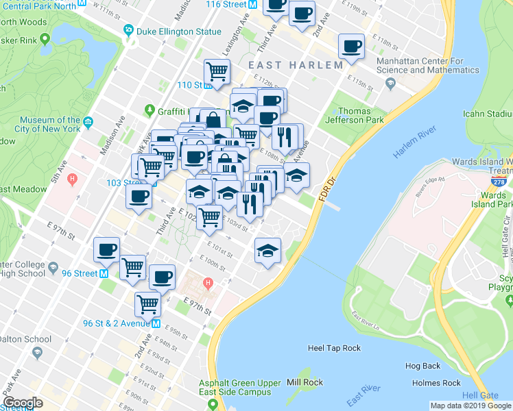 map of restaurants, bars, coffee shops, grocery stores, and more near 347 East 105th Street in New York