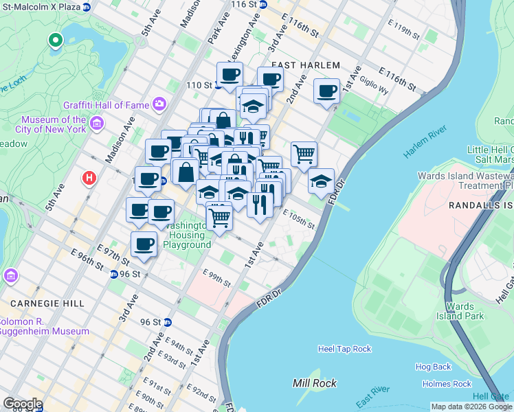 map of restaurants, bars, coffee shops, grocery stores, and more near 308 East 105th Street in New York