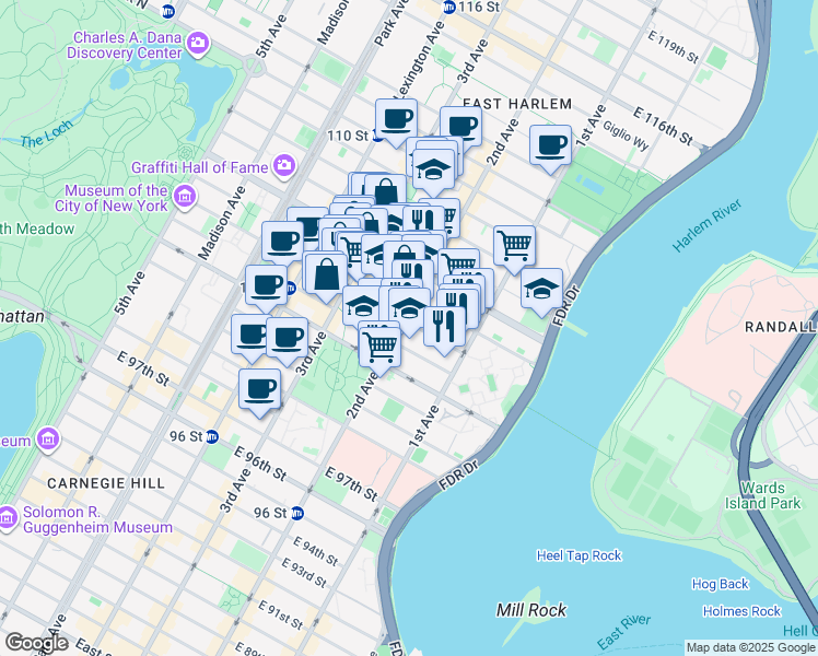 map of restaurants, bars, coffee shops, grocery stores, and more near 306 East 105th Street in New York