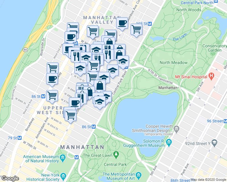 map of restaurants, bars, coffee shops, grocery stores, and more near 323 Central Park West in New York