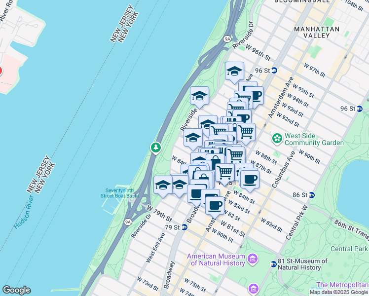 map of restaurants, bars, coffee shops, grocery stores, and more near 340 West 86th Street in New York