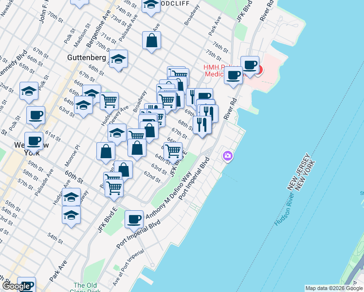 map of restaurants, bars, coffee shops, grocery stores, and more near 6609 JFK Boulevard East in West New York