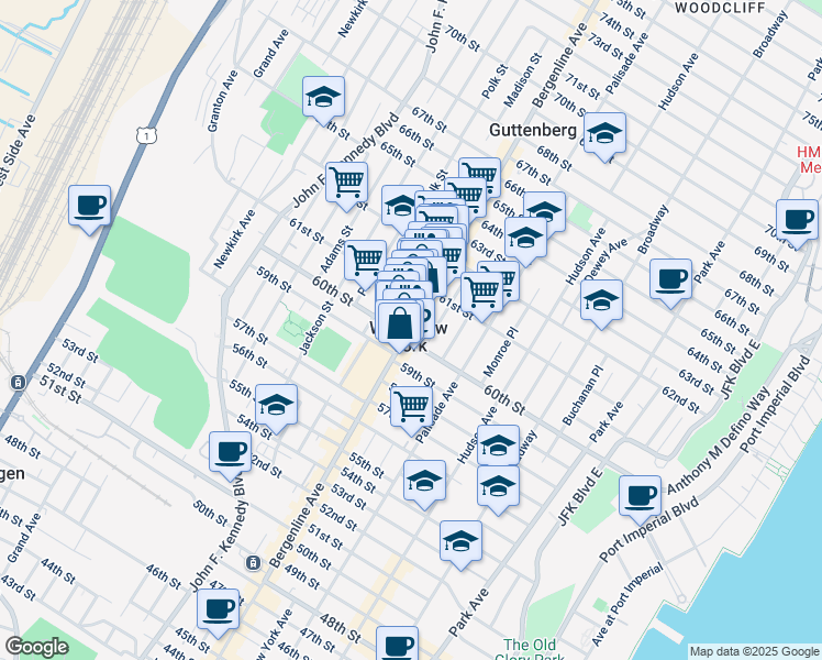 map of restaurants, bars, coffee shops, grocery stores, and more near 6103 Bergenline Avenue in West New York