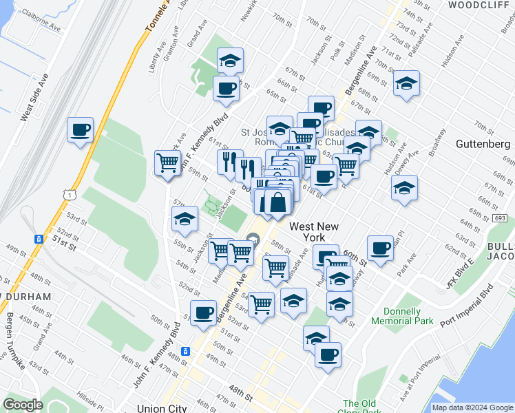 map of restaurants, bars, coffee shops, grocery stores, and more near 6000 Madison Street in West New York