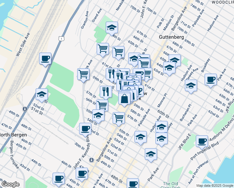 map of restaurants, bars, coffee shops, grocery stores, and more near 566 59th Street in West New York