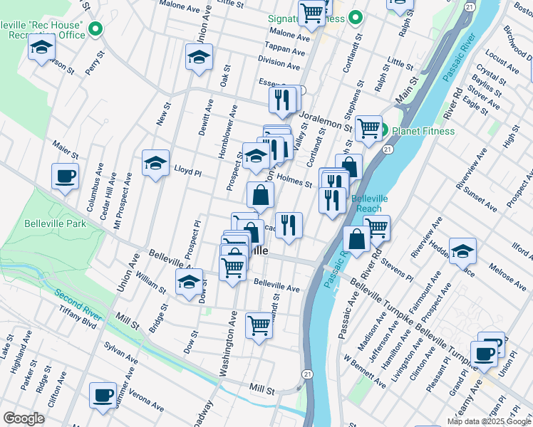 map of restaurants, bars, coffee shops, grocery stores, and more near 143 Valley Street in Belleville