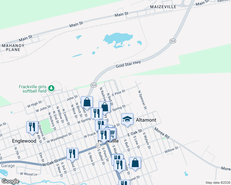 map of restaurants, bars, coffee shops, grocery stores, and more near 213 North Line Street in Frackville