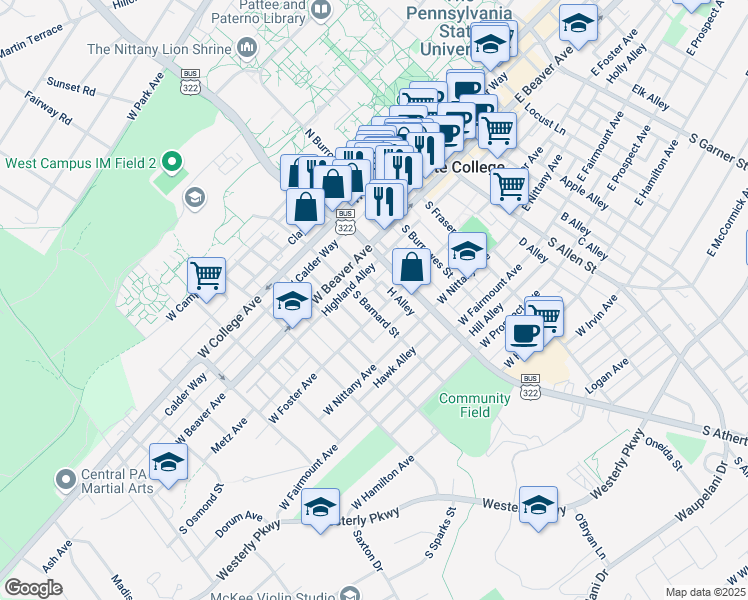 map of restaurants, bars, coffee shops, grocery stores, and more near 236 H Alley in State College