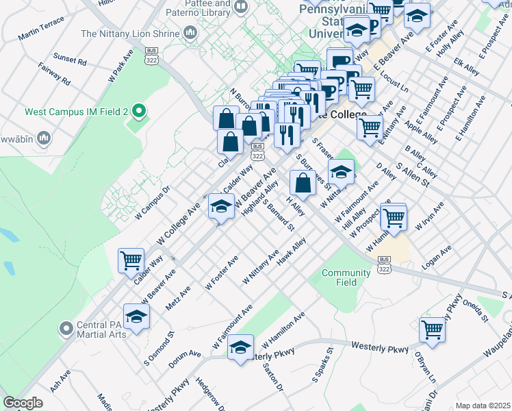 map of restaurants, bars, coffee shops, grocery stores, and more near 212 South Barnard Street in State College
