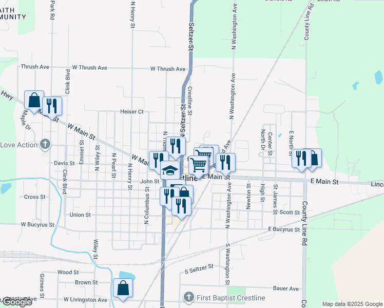 map of restaurants, bars, coffee shops, grocery stores, and more near 110 Bauer Court in Crestline