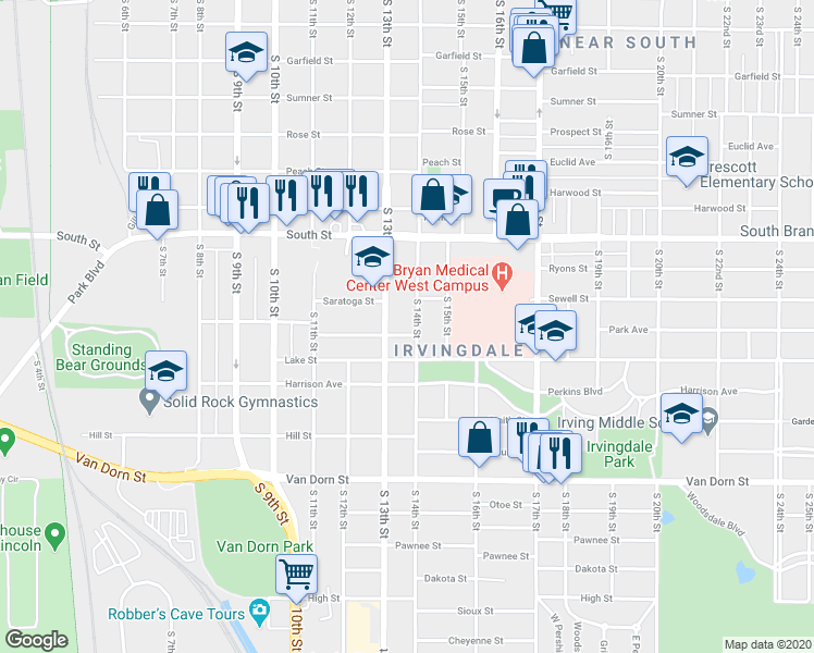 map of restaurants, bars, coffee shops, grocery stores, and more near 2315 South 14th Street in Lincoln