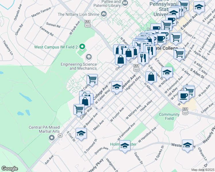 map of restaurants, bars, coffee shops, grocery stores, and more near 638/2 West College Avenue in State College