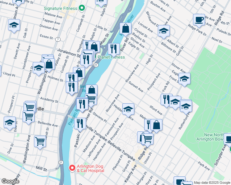 map of restaurants, bars, coffee shops, grocery stores, and more near 135 Bathurst Avenue in North Arlington