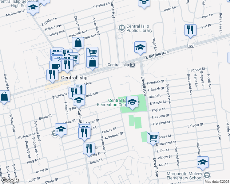 map of restaurants, bars, coffee shops, grocery stores, and more near 545 Clayton Street in Central Islip