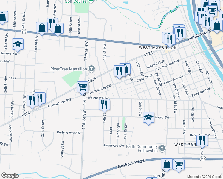 map of restaurants, bars, coffee shops, grocery stores, and more near 1333 Tremont Avenue Southwest in Massillon
