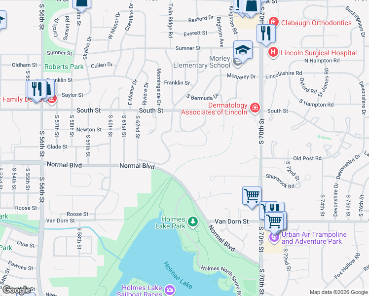 map of restaurants, bars, coffee shops, grocery stores, and more near 6453 Boxelder Drive in Lincoln