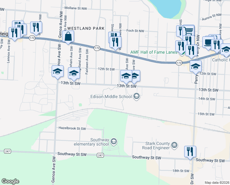 map of restaurants, bars, coffee shops, grocery stores, and more near 3737 13th Street Southwest in Massillon