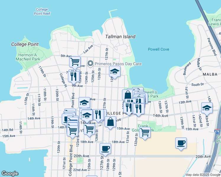 map of restaurants, bars, coffee shops, grocery stores, and more near 7-39 127th Street in Queens