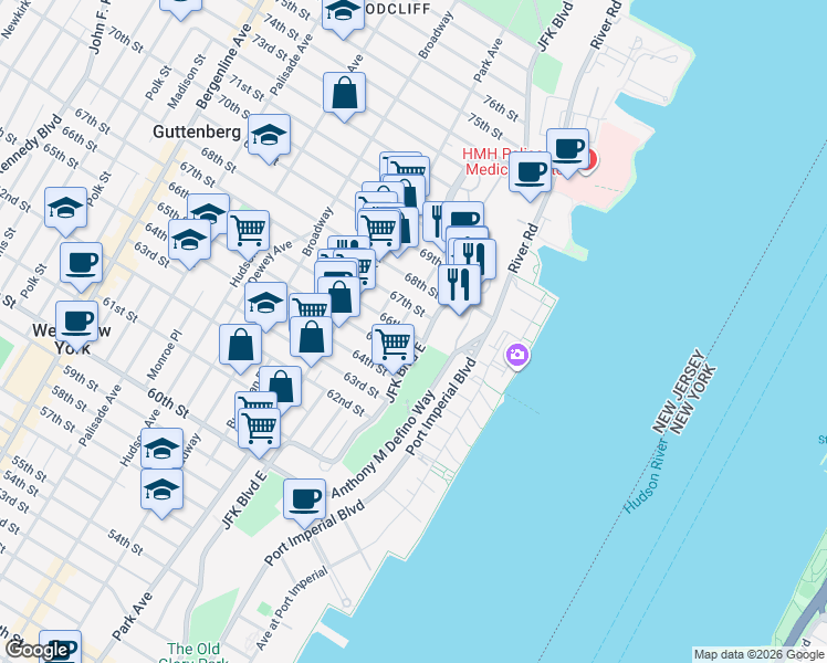 map of restaurants, bars, coffee shops, grocery stores, and more near 6609 JFK Boulevard East in West New York